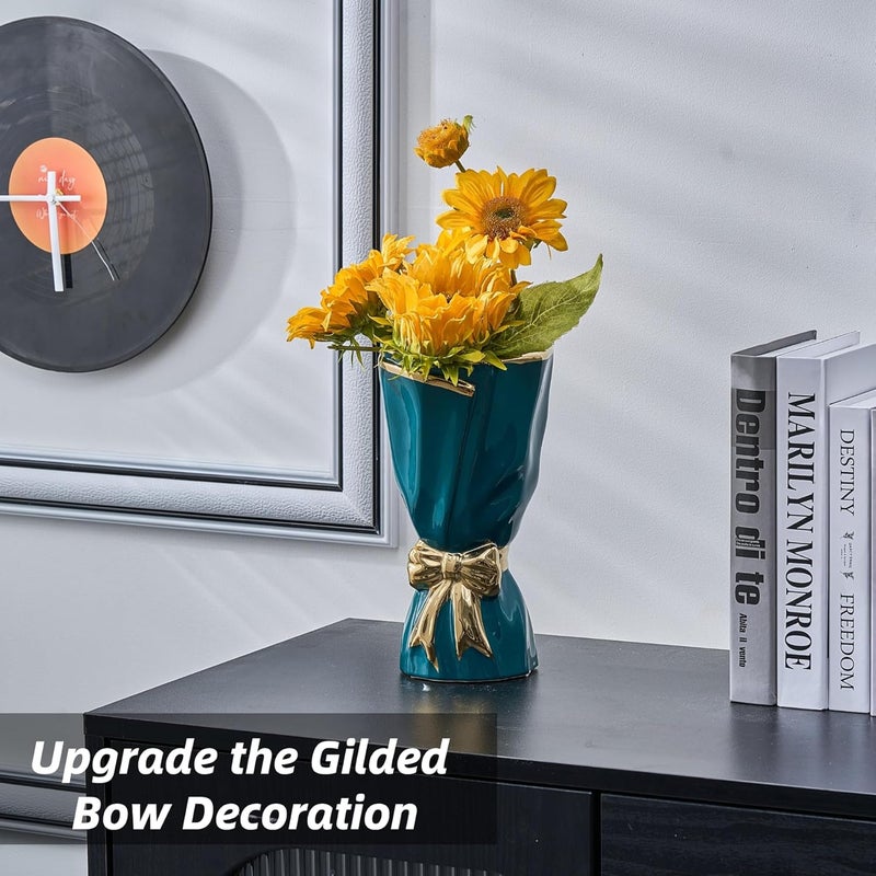 WLGRANJIA Bow Vase for Home Decor, Gold Vase for Boho Style, 9.65 Inch Large Vases for Ideal Table Decor, Living Room. Ceramic Flower Vases. （Glazed Exterior and Interior） (Green, Large) - Image 5